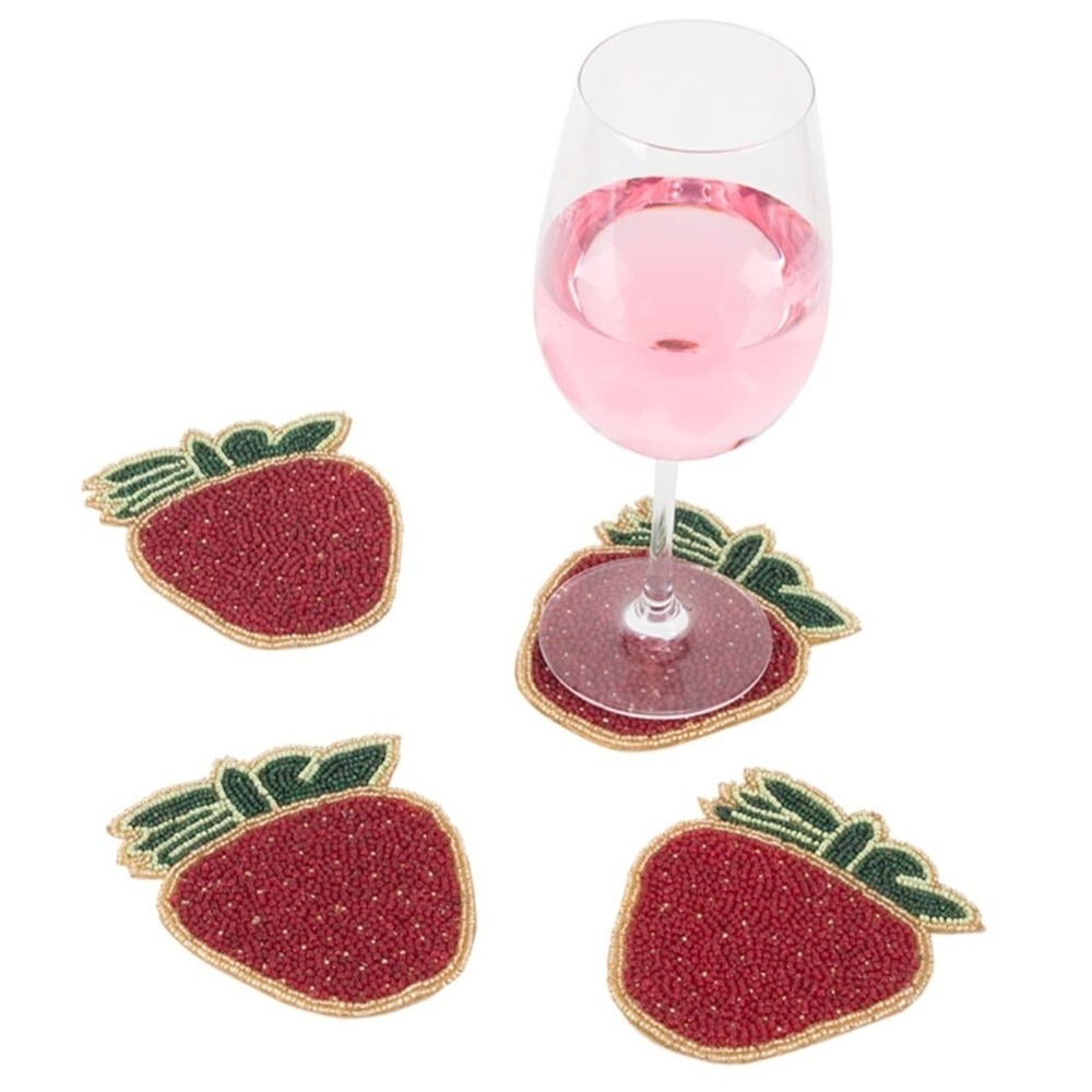 CLOUD9 DESIGN Strawberry Shaped Red  Hand Beaded Glass Coasters Set‎ of 4